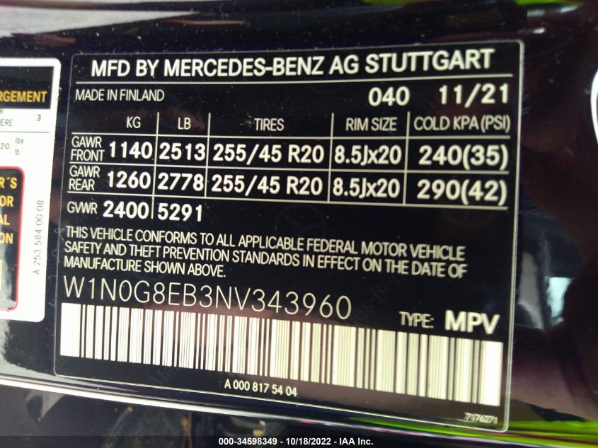 2022 MERCEDES-BENZ GLC W1N0G8EB3NV343960