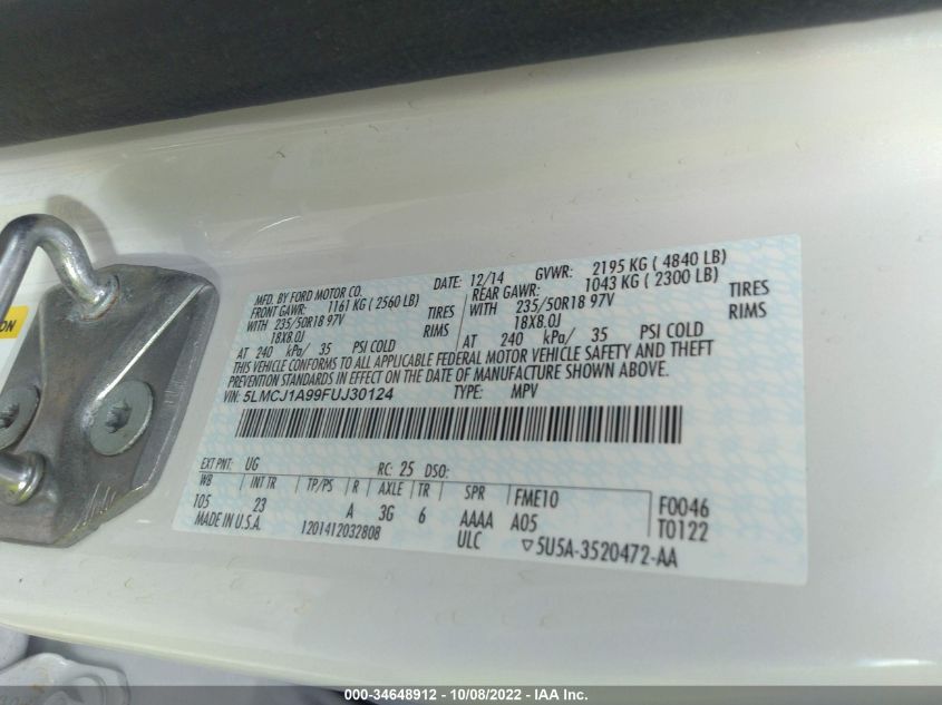 2015 LINCOLN MKC 5LMCJ1A99FUJ30124