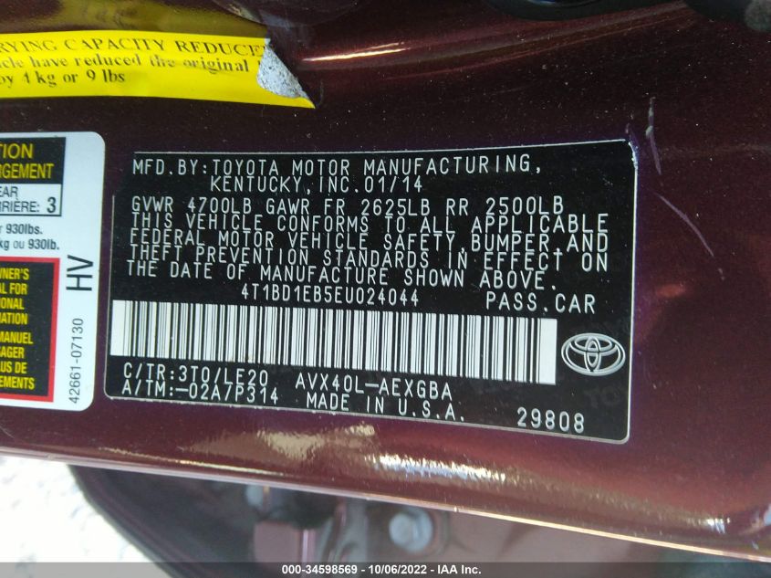 2014 TOYOTA AVALON HYBRID LIMITED/XLE TOURING 4T1BD1EB5EU024044