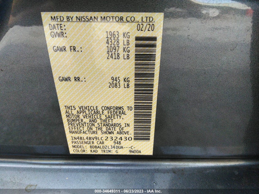 VIN 1N4BL4BV9LC232430 2020 NISSAN ALTIMA 2.5 S