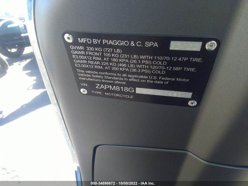 2022 VESPA SPRINT 150 3V ZAPM818G3N5802441