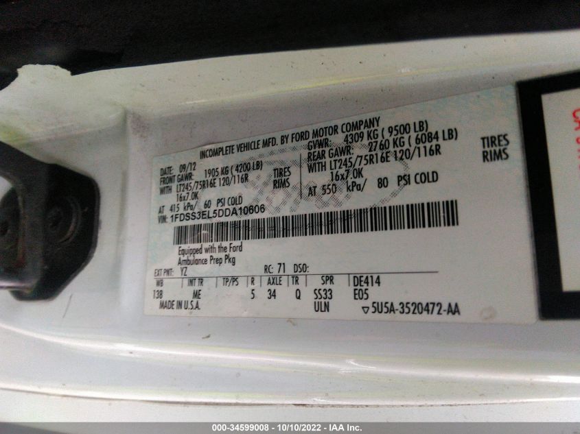 2013 FORD ECONOLINE CARGO VAN COMMERCIAL 1FDSS3EL5DDA10606