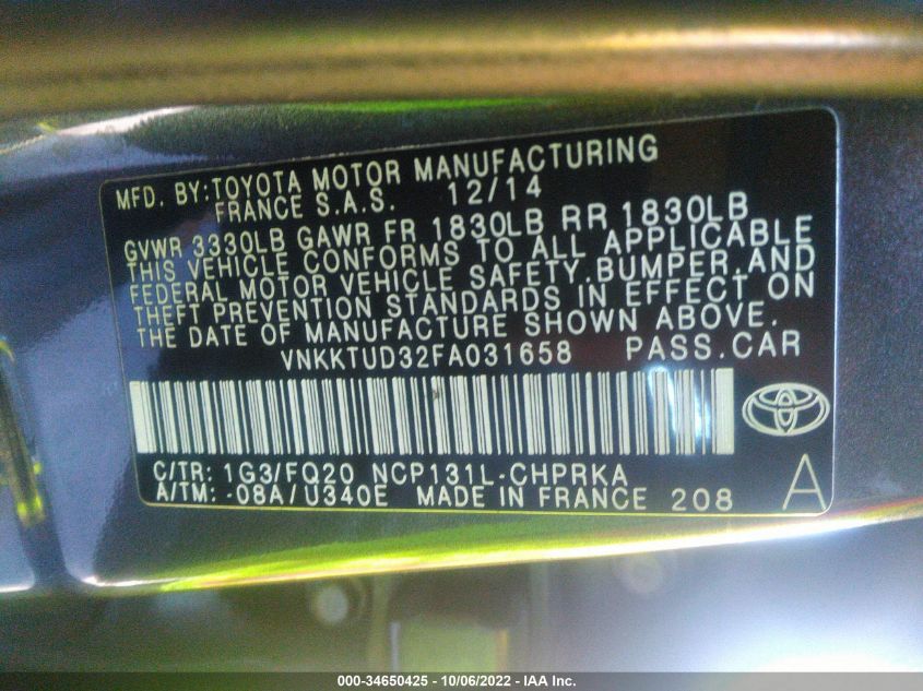 2015 TOYOTA YARIS L/SE/LE VNKKTUD32FA031658