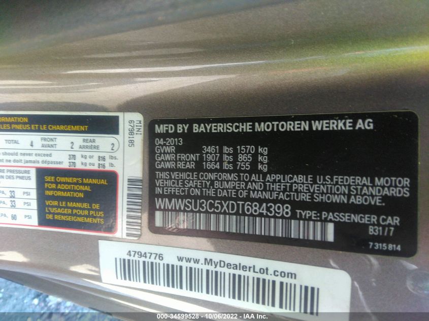 2013 MINI COOPER HARDTOP WMWSU3C5XDT684398