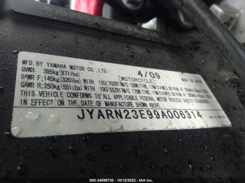 2009 YAMAHA YZFR1 JYARN23E99A006314