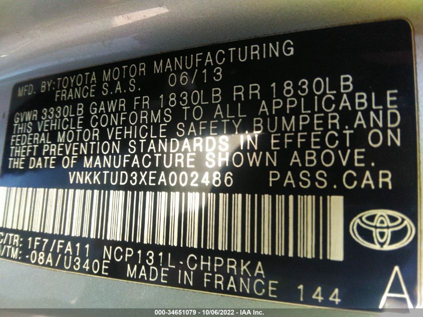 2014 TOYOTA YARIS L/LE VNKKTUD3XEA002486
