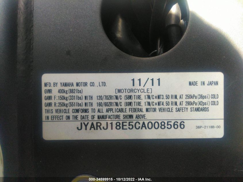 2012 YAMAHA FZ6 R JYARJ18E5CA008566
