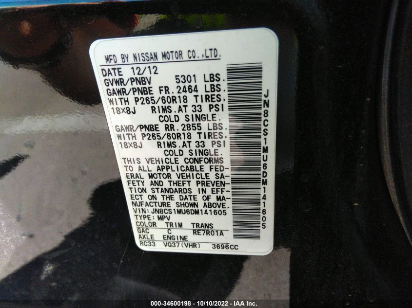 2013 INFINITI FX37 JN8CS1MU6DM141605