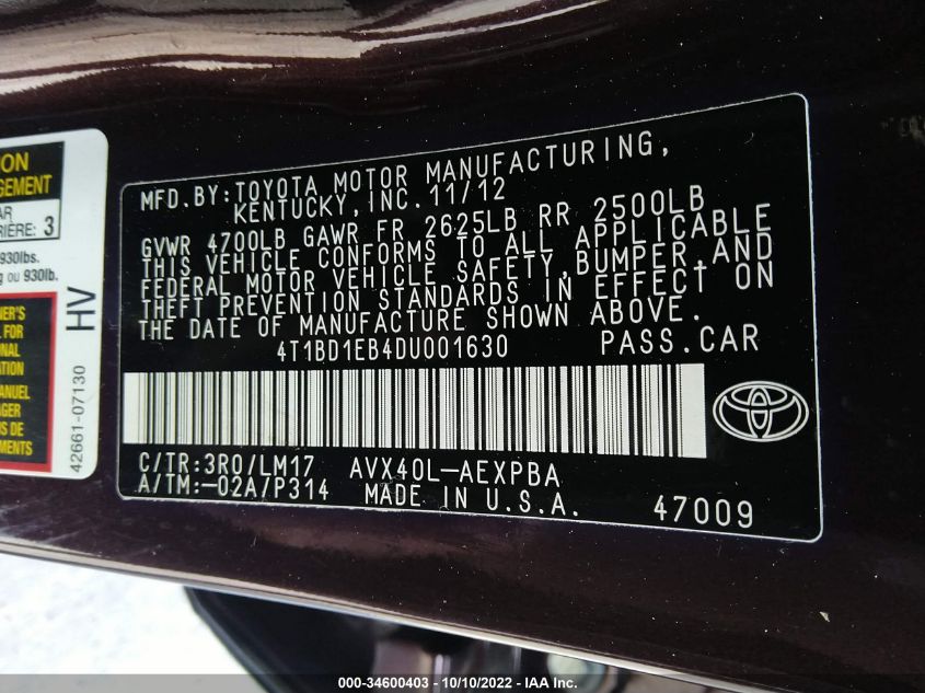 2013 TOYOTA AVALON HYBRID XLE PREMIUM 4T1BD1EB4DU001630