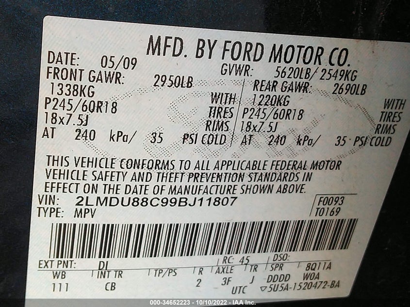 2009 LINCOLN MKX VIN: 2LMDU88C99BJ11807