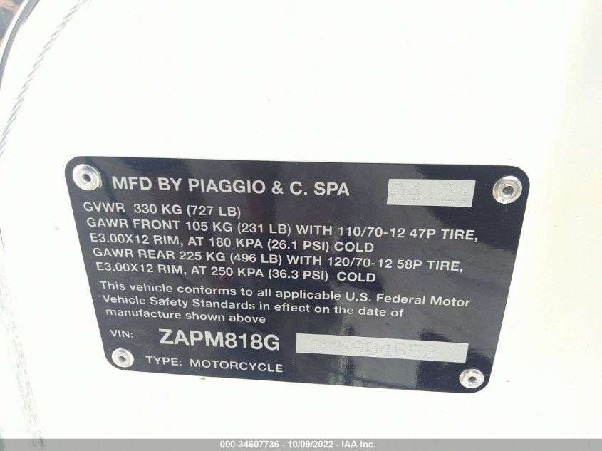2021 VESPA PRIMAVERA ZAPM818G2M5904652