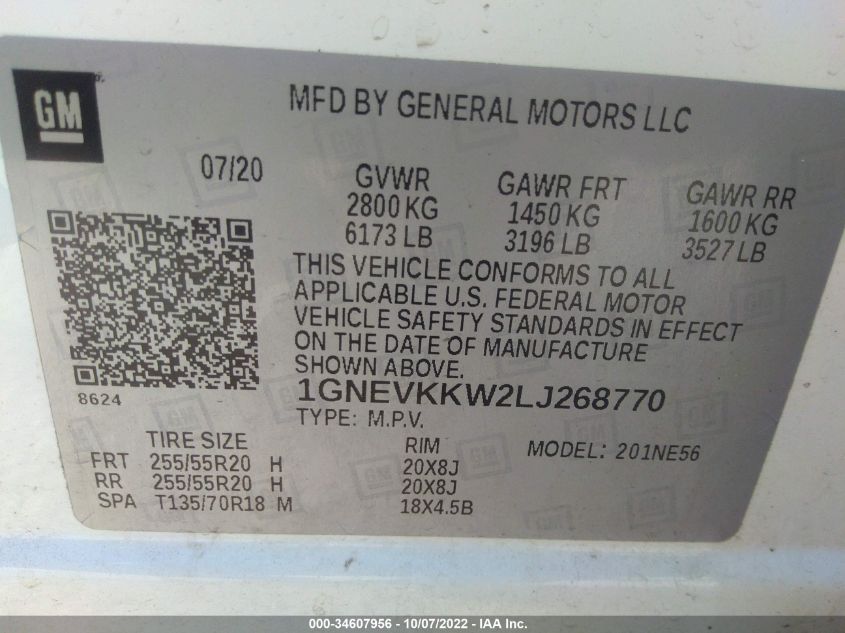 2020 CHEVROLET TRAVERSE PREMIER - 1GNEVKKW2LJ268770