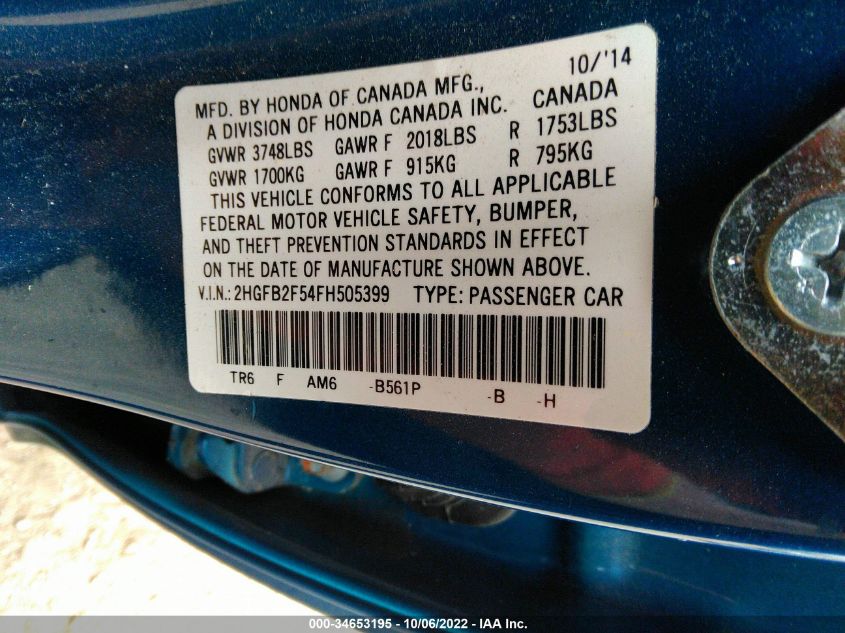 2015 HONDA CIVIC LX - 2HGFB2F54FH505399