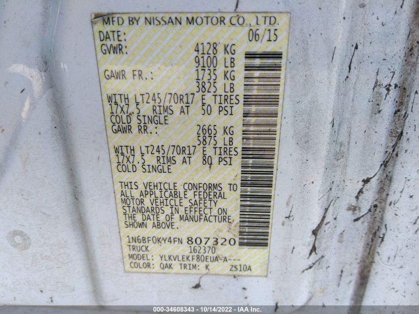 2015 NISSAN NV SV 1N6BF0KY4FN807320