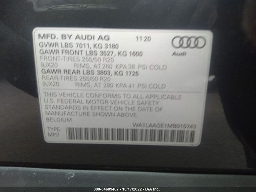 2021 AUDI E-TRON PREMIUM PLUS WA1LAAGE1MB015743