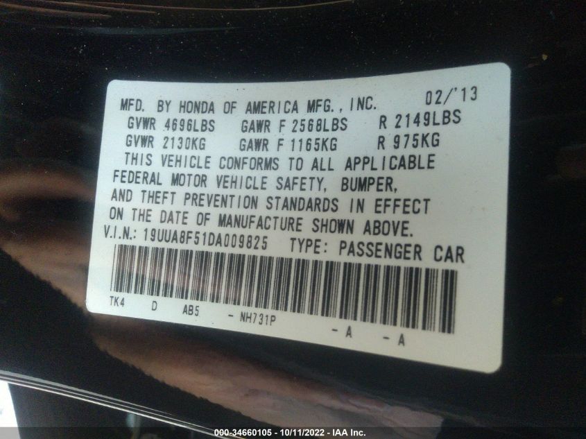 2013 ACURA TL TECH 19UUA8F51DA009825