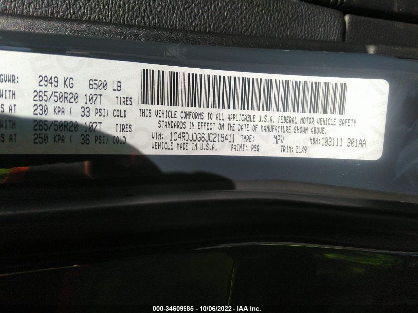 VIN 1C4RDJDG6JC219411 2018 DODGE DURANGO GT