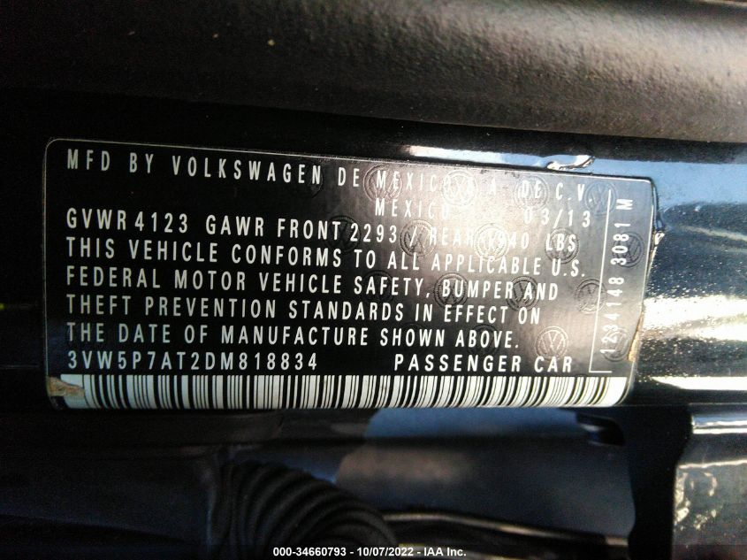 2013 VOLKSWAGEN BEETLE CONVERTIBLE 2.5L 3VW5P7AT2DM818834