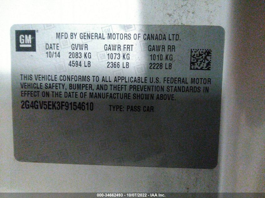 2015 BUICK REGAL 2G4GV5EK3F9154610