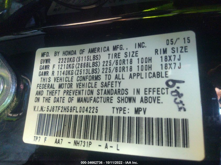 2015 HONDA CROSSTOUR EX-L 5J6TF2H58FL004225