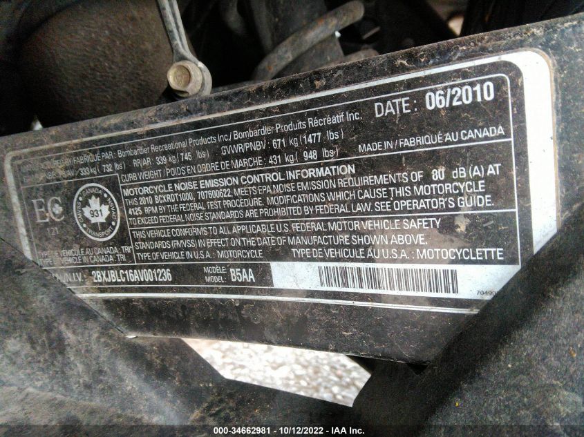 2010 CAN-AM SPYDER ROADSTER RT 2BXJBLC16AV001236