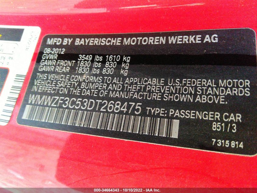 2013 MINI COOPER CLUBMAN WMWZF3C53DT268475