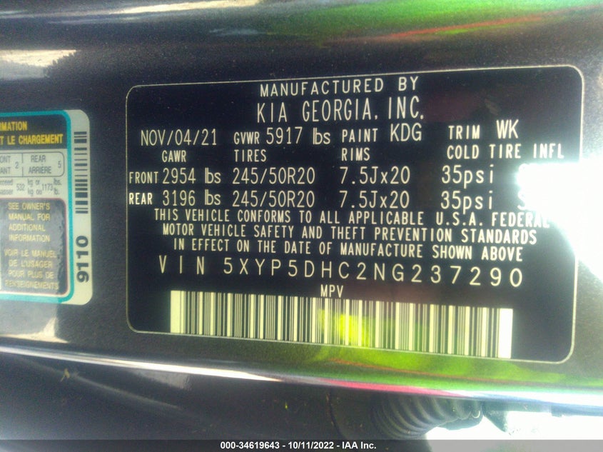 VIN 5XYP5DHC2NG237290 2022 KIA TELLURIDE SX