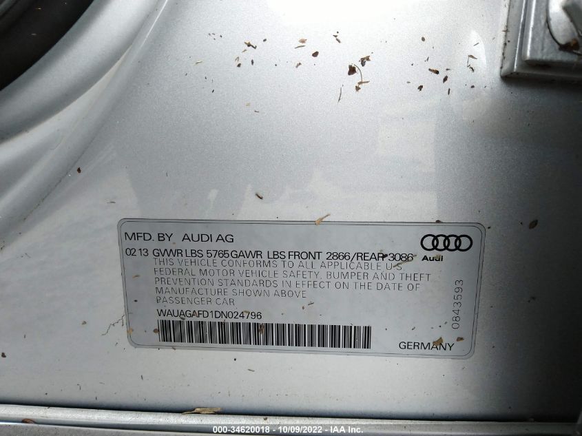 2013 AUDI A8 3.0L WAUAGAFD1DN024796