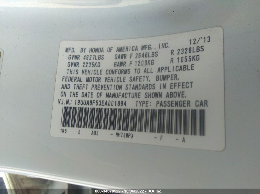2014 ACURA TL TECH 19UUA9F53EA001894