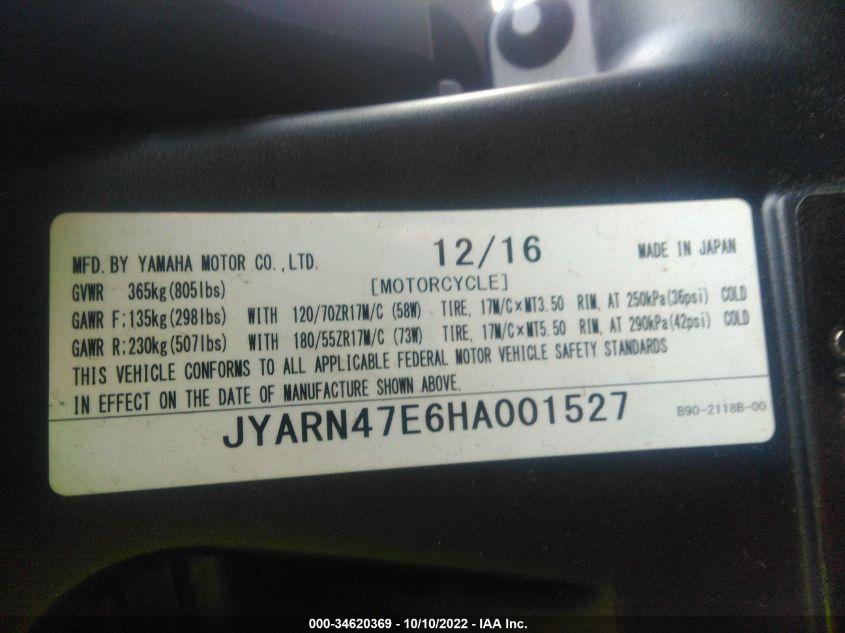 2017 YAMAHA XSR900 JYARN47E6HA001527