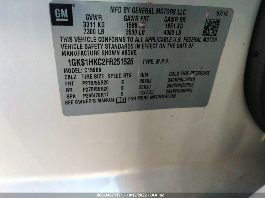 2015 GMC YUKON XL SLT 1GKS1HKC2FR251526