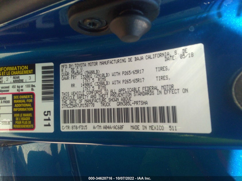 VIN 3TMCZ5AN7JM158778 2018 TOYOTA TACOMA SR/SR5/TRD SPORT