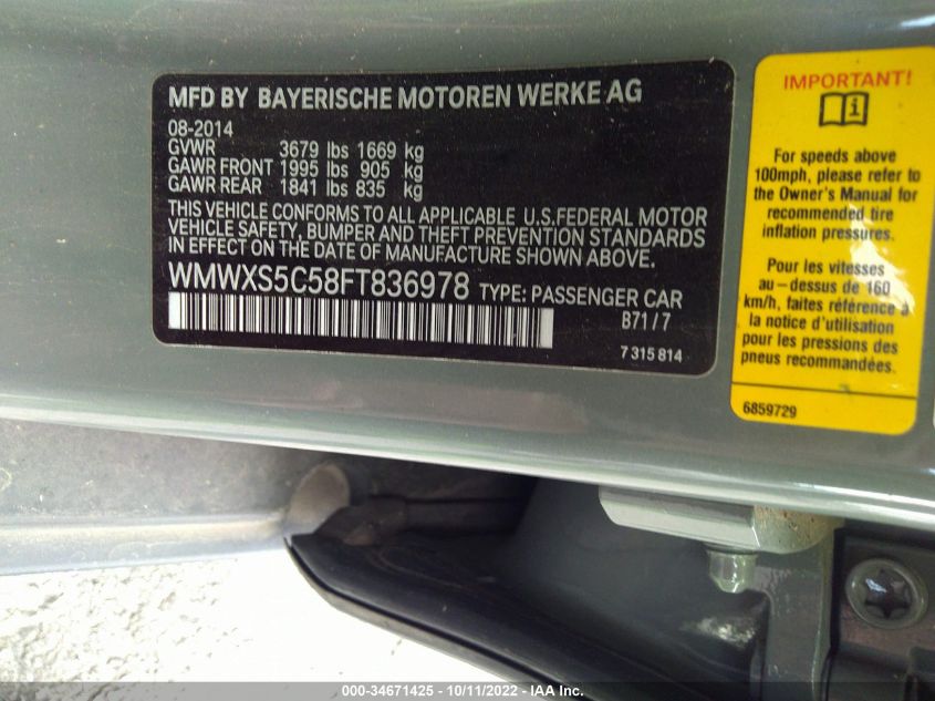 2015 MINI COOPER HARDTOP 4 DOOR - WMWXS5C58FT836978