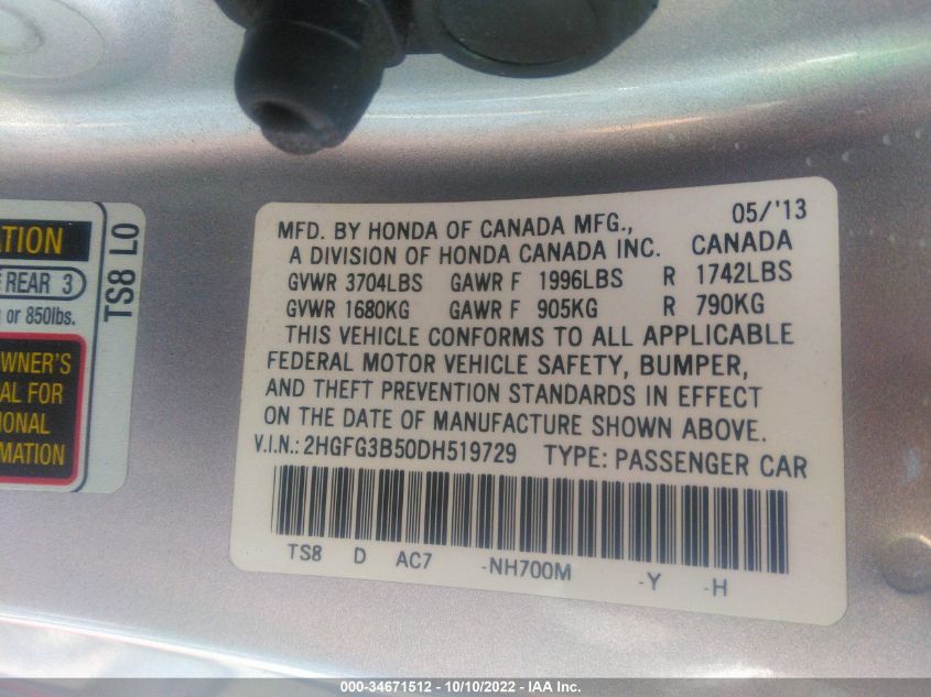 2013 HONDA CIVIC CPE LX 2HGFG3B50DH519729