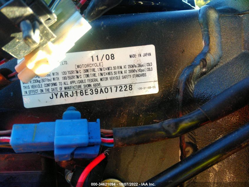 2009 YAMAHA YZFR6 JYARJ16E39A017228