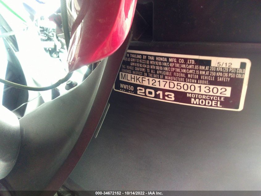 2013 HONDA PCX 150 MLHKF1217D5001302