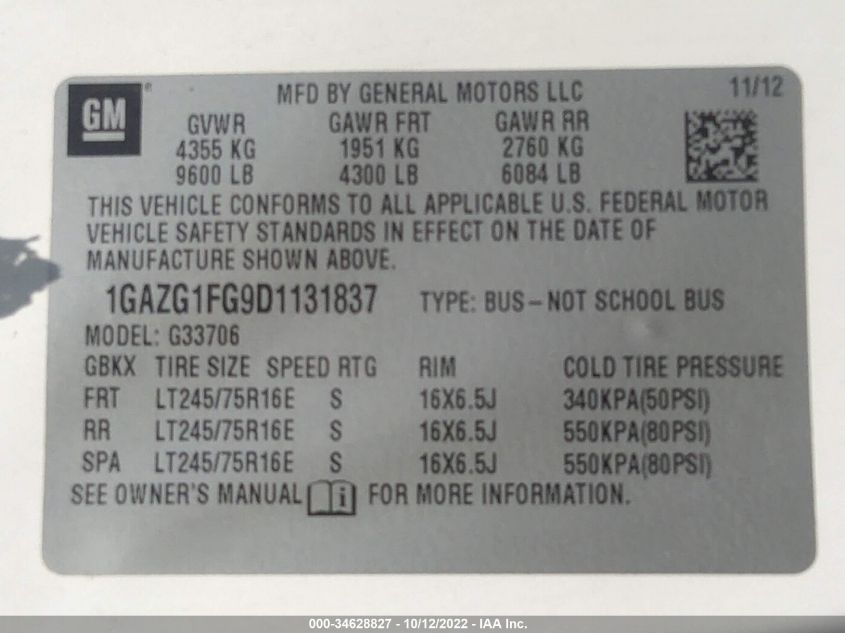2013 CHEVROLET EXPRESS PASSENGER LT 1GAZG1FG9D1131837