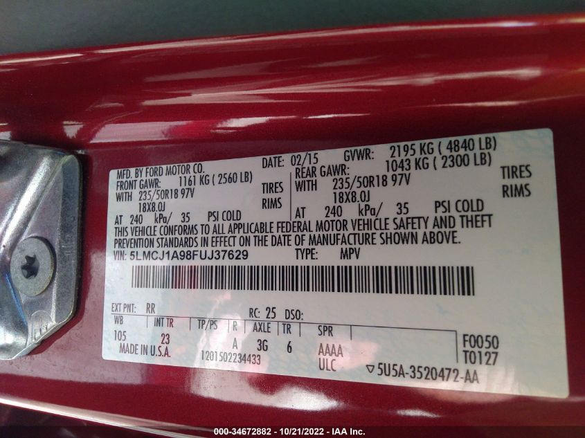 2015 LINCOLN MKC 5LMCJ1A98FUJ37629