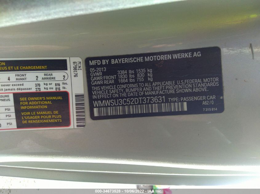 2013 MINI COOPER HARDTOP WMWSU3C52DT373631