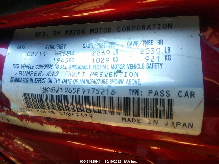 2015 MAZDA MAZDA6 JM1GJ1V65F1175216
