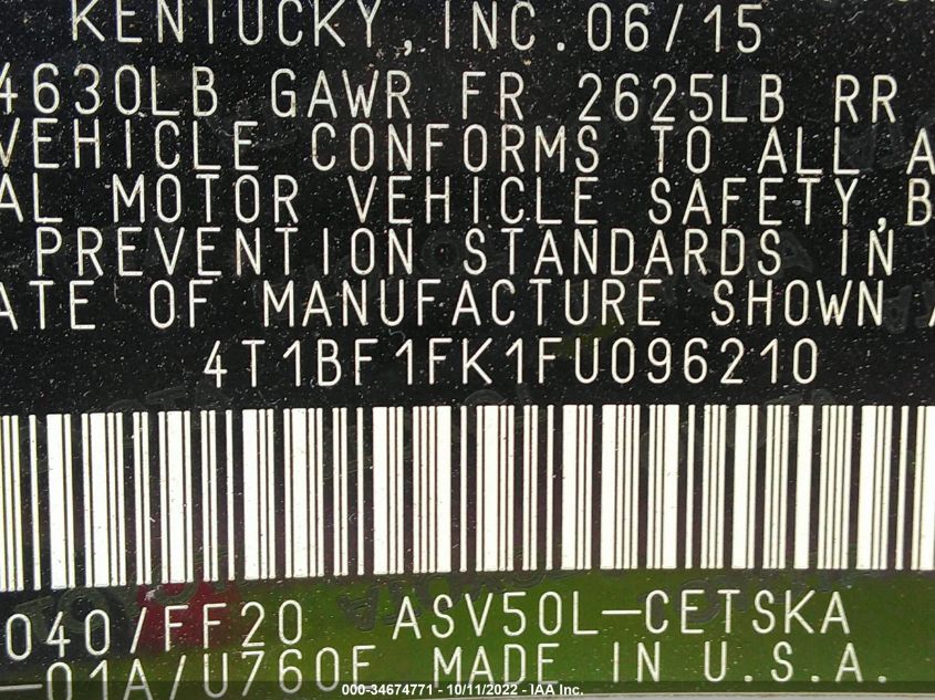 2015 TOYOTA CAMRY XLE/SE/LE/XSE - 4T1BF1FK1FU096210