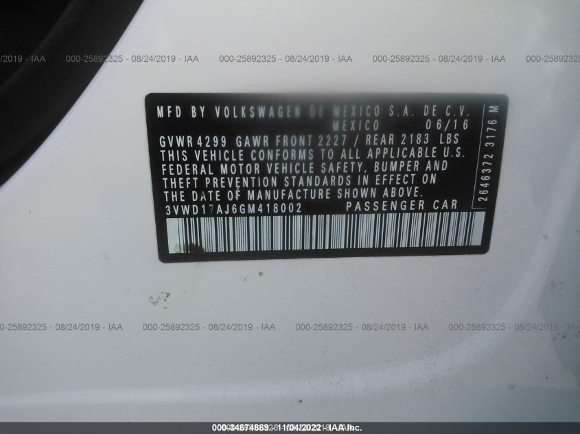 2016 VOLKSWAGEN JETTA SEDAN 1.8T SPORT 3VWD17AJ6GM418002