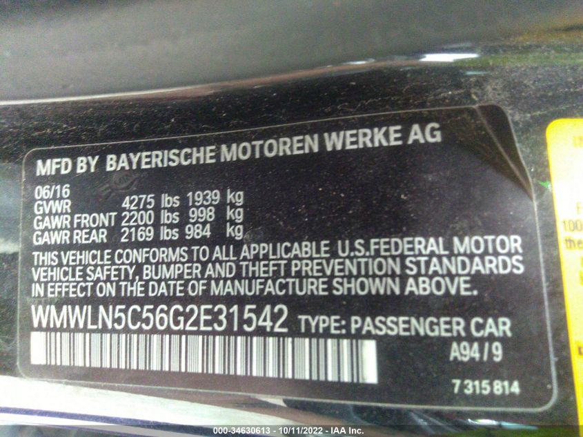 2016 MINI COOPER CLUBMAN WMWLN5C56G2E31542