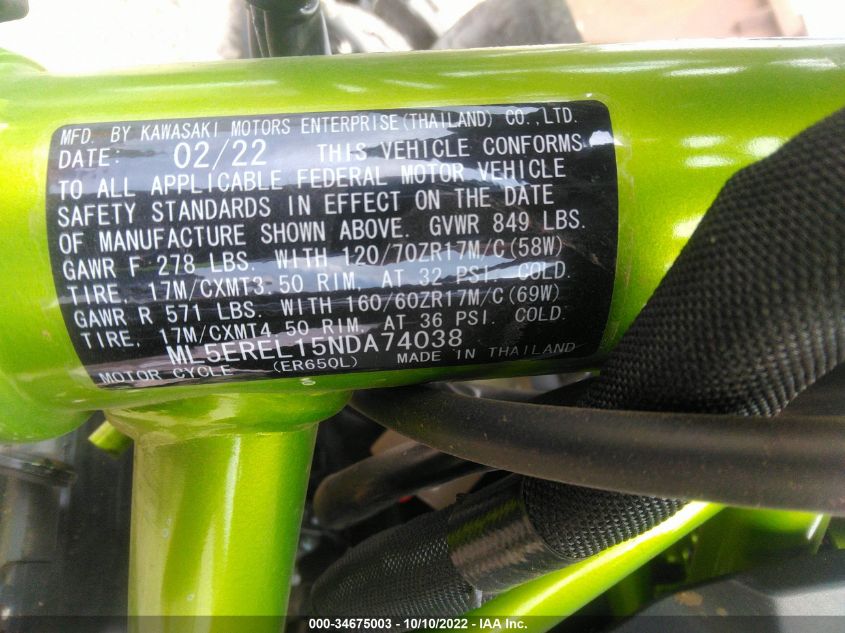 2022 KAWASAKI ER650 L ML5EREL15NDA74038
