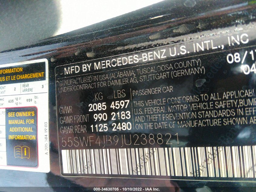 VIN 55SWF4JB9JU238821 2018 MERCEDES-BENZ C-CLASS C 300