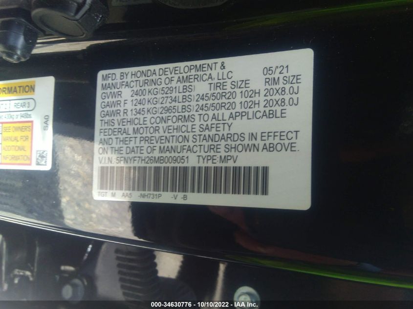 2021 HONDA PASSPORT SPORT 5FNYF7H26MB009051