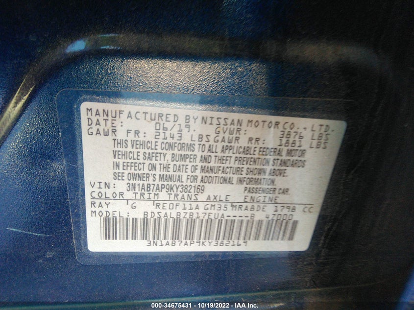 VIN 3N1AB7AP9KY382169 2019 NISSAN SENTRA S