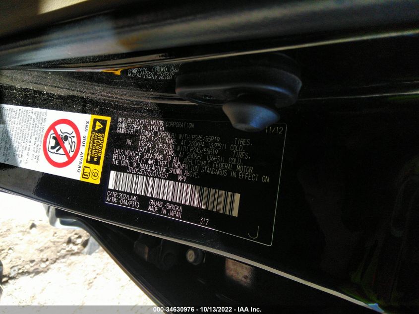 2013 TOYOTA HIGHLANDER HYBRID LIMITED JTEDC3EH7D2013357