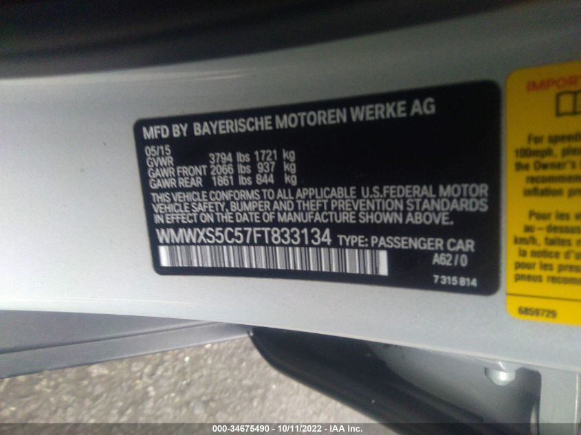 2015 MINI COOPER HARDTOP 4 DOOR WMWXS5C57FT833134