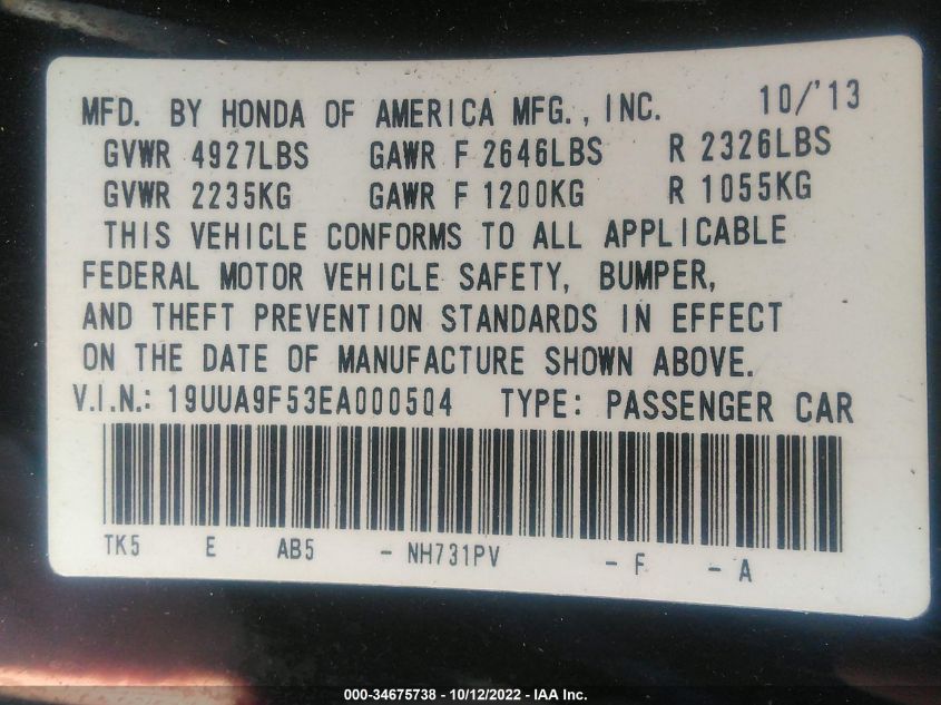 2014 ACURA TL TECH 19UUA9F53EA000504